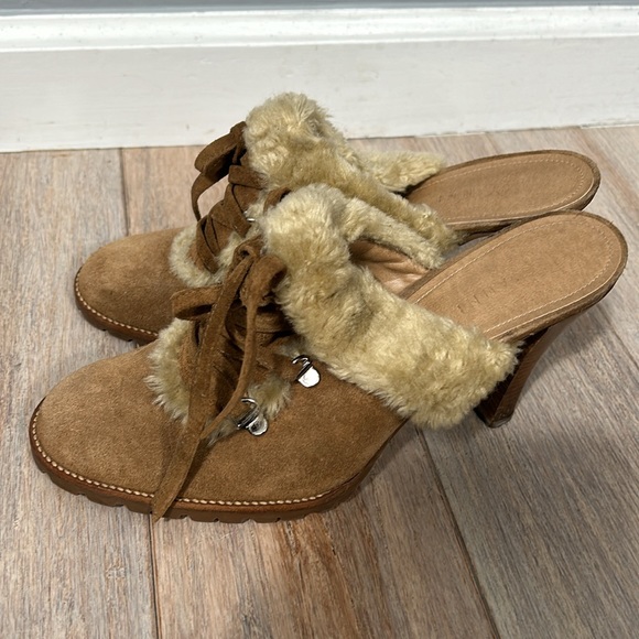 Gianni Bini stowe camel color suede and faux fur clog heel slip on 70’s  8.5 - Picture 5 of 17